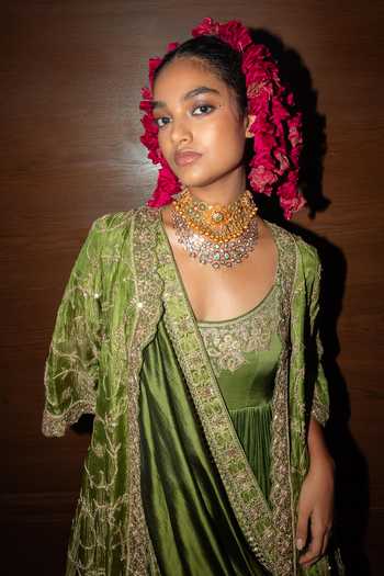 Punit Balana_Green Silk, Tissue, Satin, Lycra, Rani Sa Embroidered Jacket Anarkali Set _Online_at_Aza_Fashions