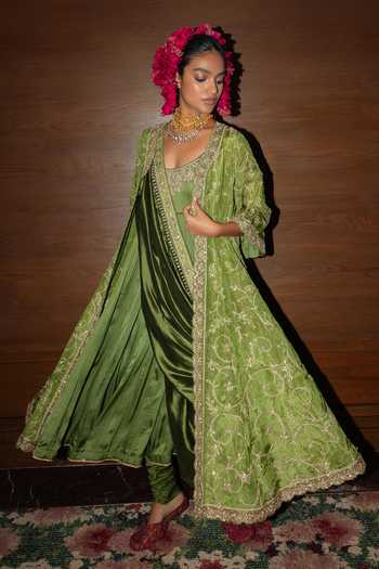 Buy_Punit Balana_Green Silk, Tissue, Satin, Lycra, Rani Sa Embroidered Jacket Anarkali Set _Online_at_Aza_Fashions