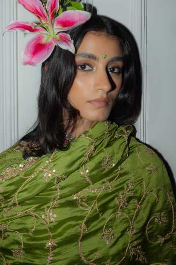 Punit Balana_Green Silk, Tissue, Lycra Round Neck Kachha Aam Embroidered Kurta Set _Online_at_Aza_Fashions