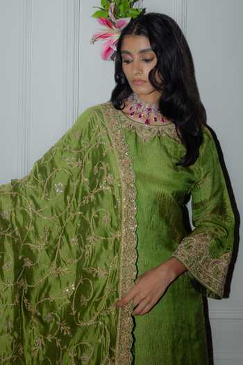 Buy_Punit Balana_Green Silk, Tissue, Lycra Round Neck Kachha Aam Embroidered Kurta Set _Online_at_Aza_Fashions