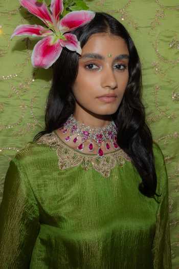 Shop_Punit Balana_Green Silk, Tissue, Lycra Round Neck Kachha Aam Embroidered Kurta Set _Online_at_Aza_Fashions