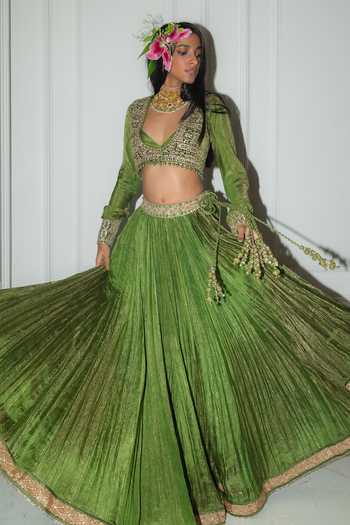 Punit Balana_Green Tissue Plunge Neck Embroidered Koti Jacket Lehenga Set _Online_at_Aza_Fashions
