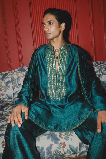 Punit Balana Green Silk, Velvet Embroidered Kurta Set at Aza Fashions Punit Balana_Green Silk, Velvet Embroidered Kurta Set _at_Aza_Fashions