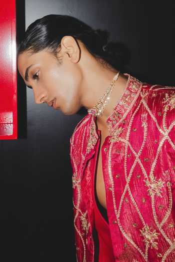 Shop Punit Balana Pink Tissue, Silk, Tussar, Lycra Embroidered Bundi And Kurta Set Online at Aza Fashions Shop_Punit Balana_Pink Tissue, Silk, Tussar, Lycra Embroidered Bundi And Kurta Set _Online_at_Aza_Fashions