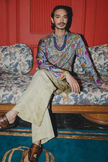 Buy_Punit Balana_Green Silk, Satin, Linen Printed Kurta Set _Online_at_Aza_Fashions