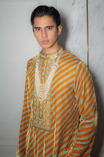 Punit Balana_Multi Color Silk, Organza, Satin, Linen Leheriya Print Kurta Set _Online_at_Aza_Fashions
