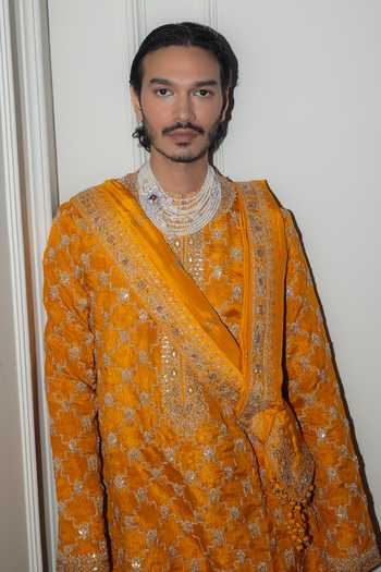 Punit Balana_Yellow Tissue, Satin, Linen Embroidered Kurta And Pant Set _Online_at_Aza_Fashions