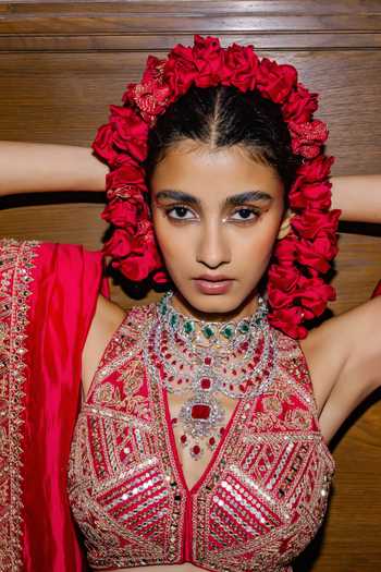 Punit Balana_Pink Silk, Organza V-neck Embroidered Blouse Lehenga Set _Online_at_Aza_Fashions