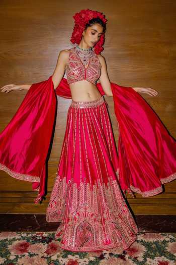 Buy_Punit Balana_Pink Silk, Organza V-neck Embroidered Blouse Lehenga Set _Online_at_Aza_Fashions