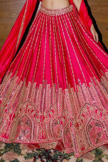 Shop_Punit Balana_Pink Silk, Organza V-neck Embroidered Blouse Lehenga Set _Online_at_Aza_Fashions