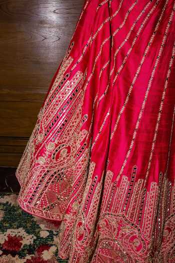 Punit Balana_Pink Silk, Organza V-neck Embroidered Blouse Lehenga Set _at_Aza_Fashions