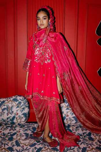 Punit Balana_Pink Silk, Tissue, Organza Zari Round Neck Embroidered Short Anarkali Skirt Set _Online_at_Aza_Fashions