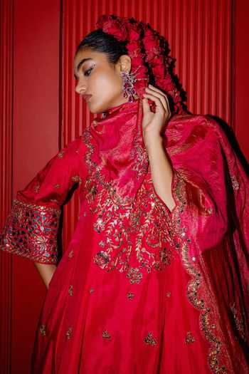 Buy_Punit Balana_Pink Silk, Tissue, Organza Zari Round Neck Embroidered Short Anarkali Skirt Set _Online_at_Aza_Fashions