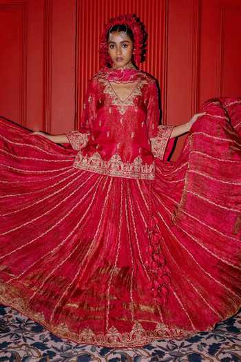 Punit Balana Pink Silk, Tissue, Organza V-neck Embroidered Kurta Skirt Set Online at Aza Fashions Punit Balana_Pink Silk, Tissue, Organza V-neck Embroidered Kurta Skirt Set _Online_at_Aza_Fashions