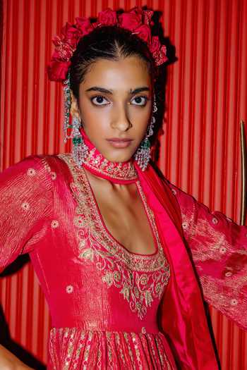 Punit Balana Pink Silk, Tissue, Organza, Lycra V-neck Rani Sa Embroiderd Anarkali Set Online at Aza Fashions Punit Balana_Pink Silk, Tissue, Organza, Lycra V-neck Rani Sa Embroiderd Anarkali Set _Online_at_Aza_Fashions