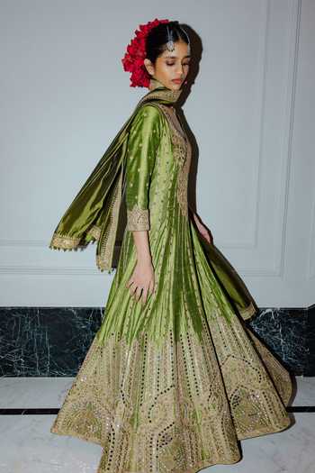Punit Balana_Green Silk, Organza V-neck Embroidered Anarkali With Dupatta _Online_at_Aza_Fashions
