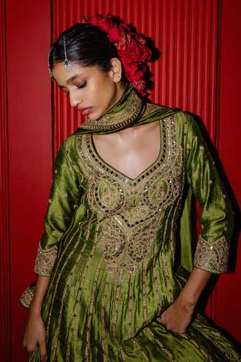 Buy_Punit Balana_Green Silk, Organza V-neck Embroidered Anarkali With Dupatta _Online_at_Aza_Fashions