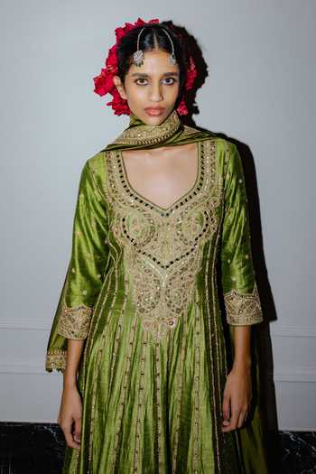 Shop_Punit Balana_Green Silk, Organza V-neck Embroidered Anarkali With Dupatta _Online_at_Aza_Fashions