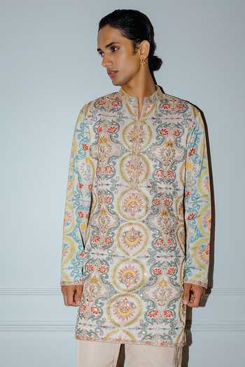 Punit Balana_Ivory Silk, Satin, Linen Printed Kurta Set _Online_at_Aza_Fashions