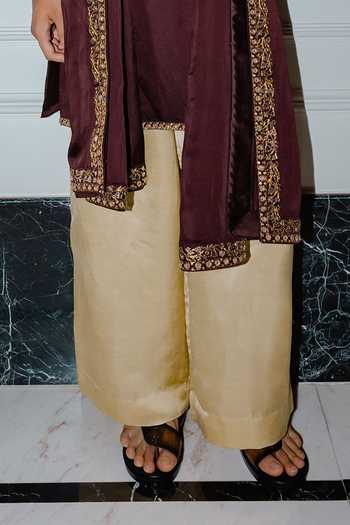 Punit Balana_Brown Satin, Linen Foil Embroidered Kurta Set _Online_at_Aza_Fashions