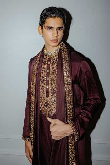 Buy_Punit Balana_Brown Satin, Linen Foil Embroidered Kurta Set _Online_at_Aza_Fashions
