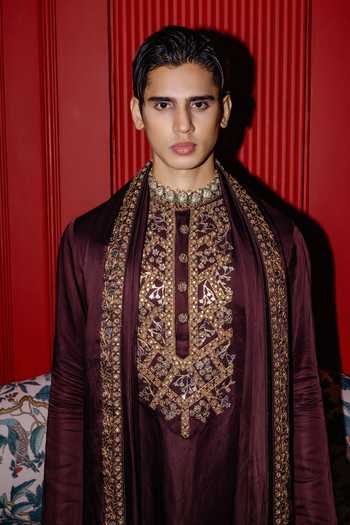 Shop_Punit Balana_Brown Satin, Linen Foil Embroidered Kurta Set _Online_at_Aza_Fashions