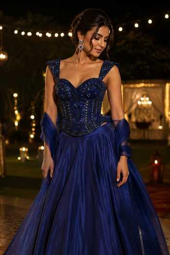 Label Lila Blue Organza, Net Embroidery, Mirrors Sweetheart Neck Corset Lehenga Set Online at Aza Fashions Label Lila_Blue Organza, Net Embroidery, Mirrors Sweetheart Neck Corset Lehenga Set _Online_at_Aza_Fashions