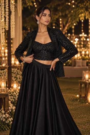 Label Lila Black Crepe, Satin Shawl , Sweetheart Embroidered Jacket Skirt Set Online at Aza Fashions Label Lila_Black Crepe, Satin Shawl , Sweetheart Embroidered Jacket Skirt Set _Online_at_Aza_Fashions