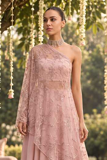 Label Lila Pink Georgette One Shoulder Embroidered Cape Lehenga Set Online at Aza Fashions Label Lila_Pink Georgette One Shoulder Embroidered Cape Lehenga Set _Online_at_Aza_Fashions