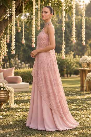 Buy Label Lila Pink Georgette One Shoulder Embroidered Cape Lehenga Set Online at Aza Fashions Buy_Label Lila_Pink Georgette One Shoulder Embroidered Cape Lehenga Set _Online_at_Aza_Fashions