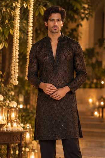 Label Lila_Black Organza, Net Embroidered Kurta Set _Online_at_Aza_Fashions