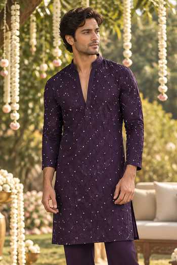 Label Lila Purple Chanderi Silk Textured Embroidered Kurta Set Online at Aza Fashions Label Lila_Purple Chanderi Silk Textured Embroidered Kurta Set _Online_at_Aza_Fashions