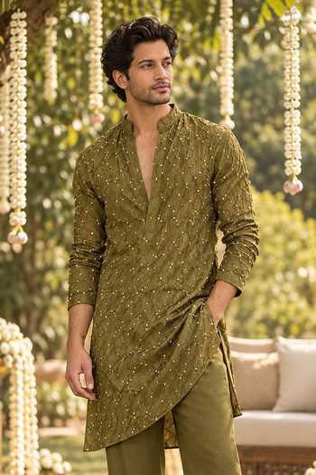Label Lila_Olive Green Chanderi Silk Textured Embroidered Kurta And Pant Set _Online_at_Aza_Fashions