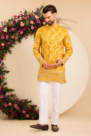 Kasbah Yellow Tissue The Solenne Regal Flamingos Kurta Online at Aza Fashions Kasbah_Yellow Tissue The Solenne Regal Flamingos Kurta _Online_at_Aza_Fashions