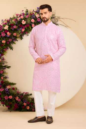 Kasbah Pink Georgette Reimagined In Foil Chikankari Kurta Online at Aza Fashions Kasbah_Pink Georgette Reimagined In Foil Chikankari Kurta _Online_at_Aza_Fashions