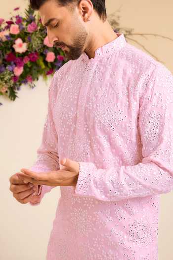 Buy Kasbah Pink Georgette Reimagined In Foil Chikankari Kurta Online at Aza Fashions Buy_Kasbah_Pink Georgette Reimagined In Foil Chikankari Kurta _Online_at_Aza_Fashions