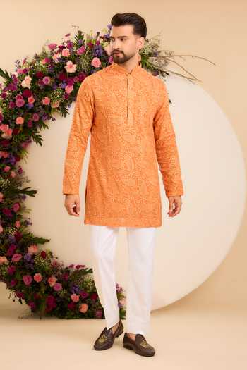 Kasbah Orange Georgette Paisley Embroidered Short Chikankari Kurta Online at Aza Fashions Kasbah_Orange Georgette Paisley Embroidered Short Chikankari Kurta _Online_at_Aza_Fashions