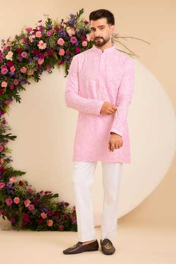 Kasbah_Pink Georgette Chikankari Embroidered Short Kurta _Online_at_Aza_Fashions