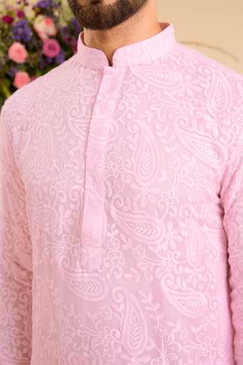 Buy_Kasbah_Pink Georgette Chikankari Embroidered Short Kurta _Online_at_Aza_Fashions