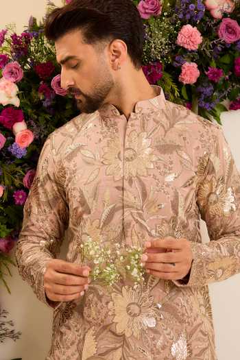 Buy Kasbah Pink Georgette The Fleur Leather Patchwork Short Kurta Online at Aza Fashions Buy_Kasbah_Pink Georgette The Fleur Leather Patchwork Short Kurta _Online_at_Aza_Fashions