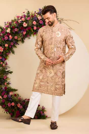 Kasbah Pink Georgette Fleur Leather Patchwork Kurta Online at Aza Fashions Kasbah_Pink Georgette Fleur Leather Patchwork Kurta _Online_at_Aza_Fashions
