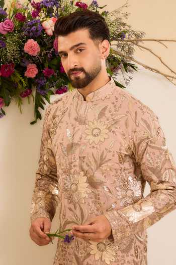 Buy Kasbah Pink Georgette Fleur Leather Patchwork Kurta Online at Aza Fashions Buy_Kasbah_Pink Georgette Fleur Leather Patchwork Kurta _Online_at_Aza_Fashions