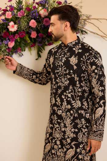 Kasbah Black Georgette Midnight Sequin Majestic Flamingos Kurta Online at Aza Fashions Kasbah_Black Georgette Midnight Sequin Majestic Flamingos Kurta _Online_at_Aza_Fashions