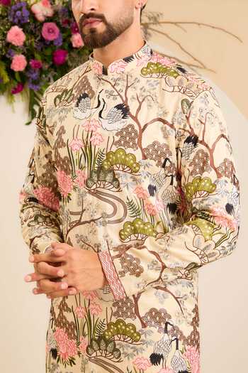 Kasbah_Cream Silk Flora And Fauna Tropical Kurta _Online_at_Aza_Fashions