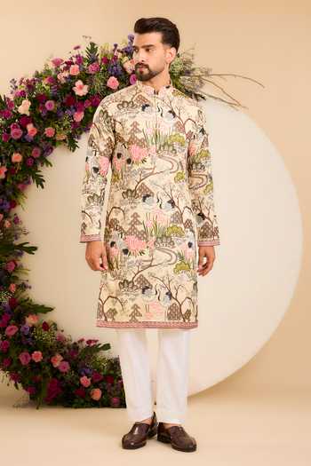 Buy_Kasbah_Cream Silk Flora And Fauna Tropical Kurta _Online_at_Aza_Fashions