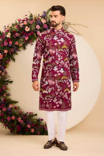 Kasbah_Maroon Silk Tropical Flora And Fauna Kurta _Online_at_Aza_Fashions
