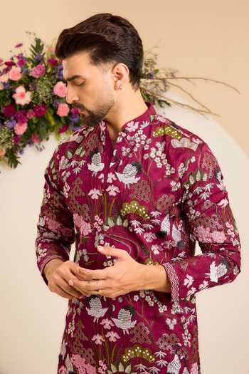 Buy_Kasbah_Maroon Silk Tropical Flora And Fauna Kurta _Online_at_Aza_Fashions