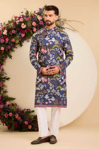 Kasbah Blue Silk Tropical Kurta Online at Aza Fashions Kasbah_Blue Silk Tropical Kurta _Online_at_Aza_Fashions