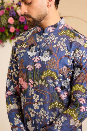 Buy Kasbah Blue Silk Tropical Kurta Online at Aza Fashions Buy_Kasbah_Blue Silk Tropical Kurta _Online_at_Aza_Fashions