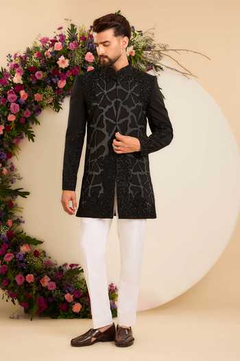 Kasbah Black Cotton, Polyester Sculptural Cutdana Work Sherwani Online at Aza Fashions Kasbah_Black Cotton, Polyester Sculptural Cutdana Work Sherwani _Online_at_Aza_Fashions